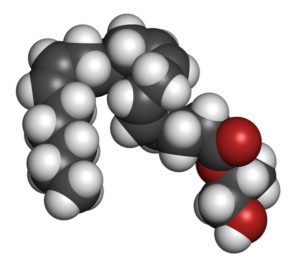 57805676 - 2-arachidonoylglycerol (2-ag) endocannabinoid neurotransmitter molecule. 3d rendering. atoms are represented as spheres with conventional color coding: hydrogen (white), carbon (grey), oxygen (red).