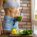 Fit woman drinking Green  smoothie.